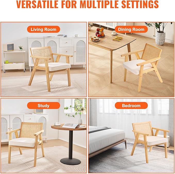 VEVOR Mid Century Modern Rattan Chair, Upholstered Velvet Accent Chair with Rattan Back, Retro Living Room Chair for Living Room, Bedroom, Reading Room, and Office, Beige