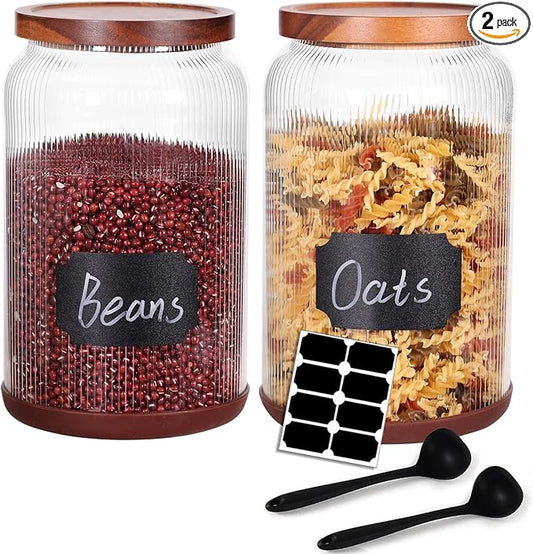 SAIOOL 2-Pack Striped Borosilicate Glass Airtight Canisters - Big mouth Large Capacity, Acacia Wood Lid, Food Storage Jars for Flour, Pasta, Pantry Organization (1 Gallon (2 Striped pack))