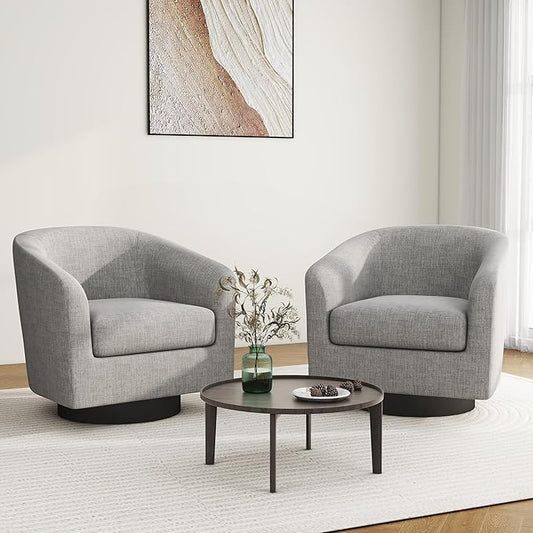 Swivel Barrel Accent Chair Set of 2, Modern Round Linen Arm Chair for Living Room, Bedroom, Comfy Club Reading Chairs for Adults-Linen Fabric Light Grey