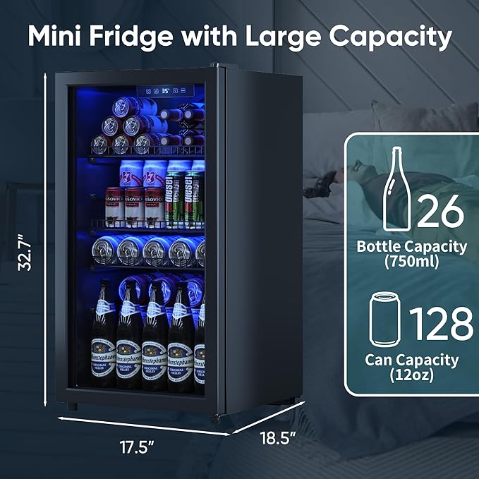 Beverage Fridge, 130 Can Mini Fridge With Glass Door, Beverage Cooler Refrigerator, Wine Drink Beer Cooler, Adjustable Shelves & Digital Temperature Display