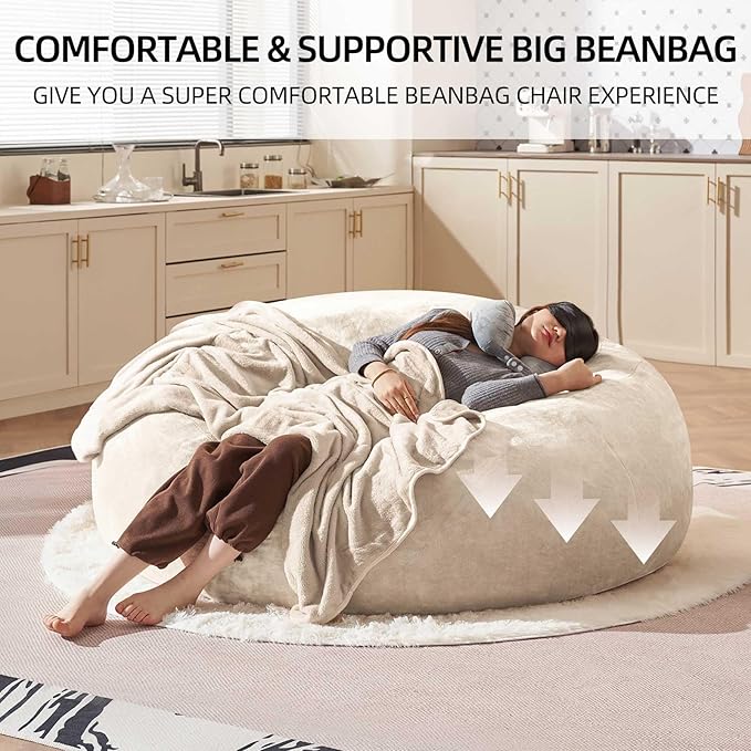 Bean Bag Chair 5Ft, Memory Foam Filled, Large Beanbag Chairs for Adults and Teens, Soft Sofa with Removable Flannel Cover, Round Couch for Living Room Bedroom College Dorm (Apricot, 5FT-60×60"×24")