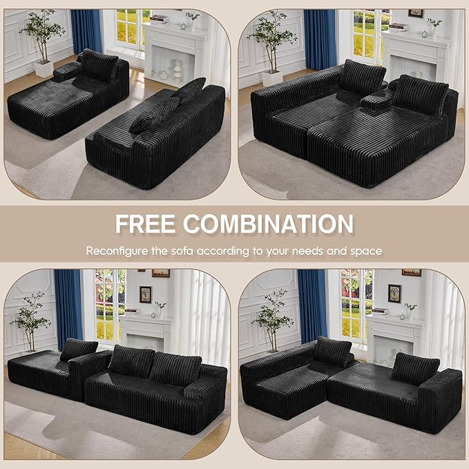 Hobestluk Modular Sectional Sofa Couches 108" L-Shape Couch 3 Seat Modular Sofa Memory Foam Sectional Couches for Living Room, Boneless Couch with Oversized Chaise (Black, Left Facing)