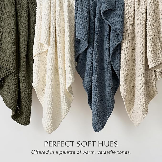 Chunky Chenille Knit Throw Blanket for Couch, Soft Luxurious Moss Stitch Blankets for Bed, Cozy Decorative Farmhouse Knitted Throws for Sofa, Ivory White, 50" x 60"