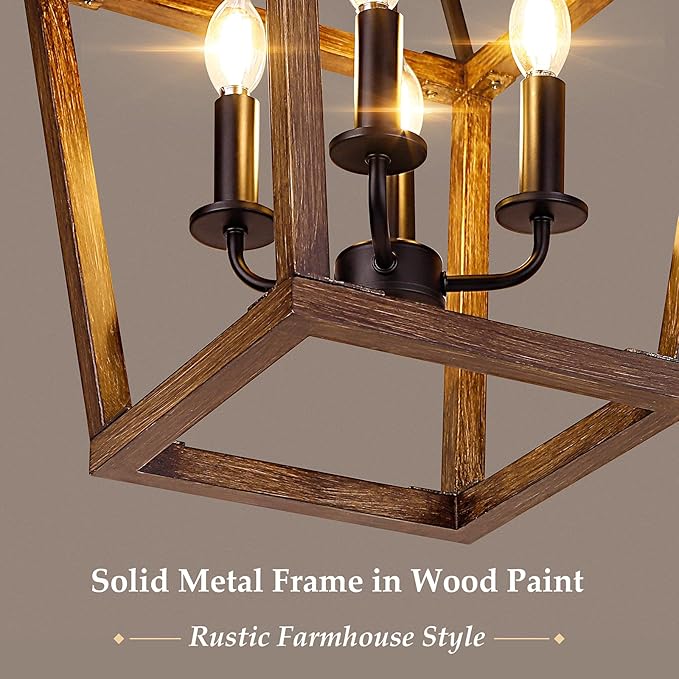 Farmhouse Chandelier Light Fixture for Kitchen Dining Room, 4-Light Rustic Pendant Hanging Ceiling Light Height Adjustable in Oak Wood Finish, Cage Lantern Lighting with E12 Base for Hallway Foyer
