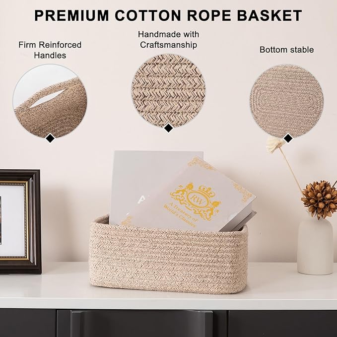 4 Pack Small Storage Shelf Baskets for Organizing, Mini Woven Rope Storage Bins for Towels, Cute Decorative Closet Organizer,Baby Nursery, Gift Empty Baskets -11.81''Lx7.87''Wx4.72''H'-Brown
