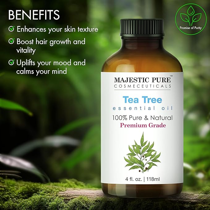 Majestic Pure Tea Tree Essential Oil with Glass Dropper - Huge 4 Fl Oz - 100% Pure and Natural Tea Tree Oil - Premium Grade Essential Oils for Diffuser, Aromatherapy, Soap and Candle Making
