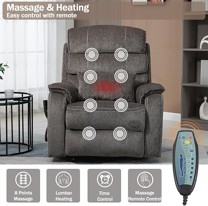 Power Lift Recliner Chair for Adults Elderly Chenille Lay Flat Recliners with Massage Heat, Extended Footrest, Wireless Charging Device, USB Ports, Cup Holder, Lumbar Pillow Up to 400LBS