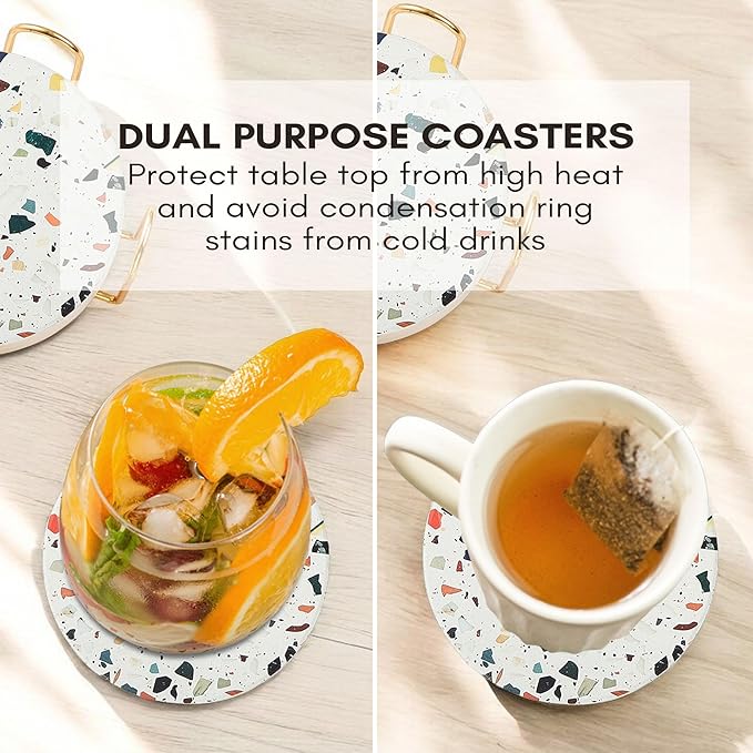 Terrazzo Drink Absorbent Coasters with Holder Set of 6, Ceramic Coaster for Drinks, Coffee Table Decor, Water Absorbing Stone Coaster for Drinks (Mosaic)