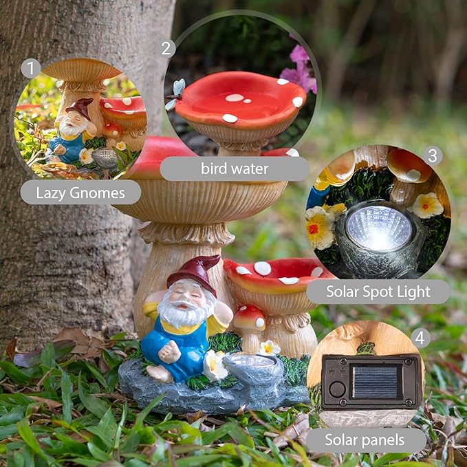 TIJNN Solar Gnome Statue with LED Lights, Bird Water Feeder Garden Decor for Patio, Lawn, or Home, Mushroom Figurine Outdoor Decoration Garden Gifts