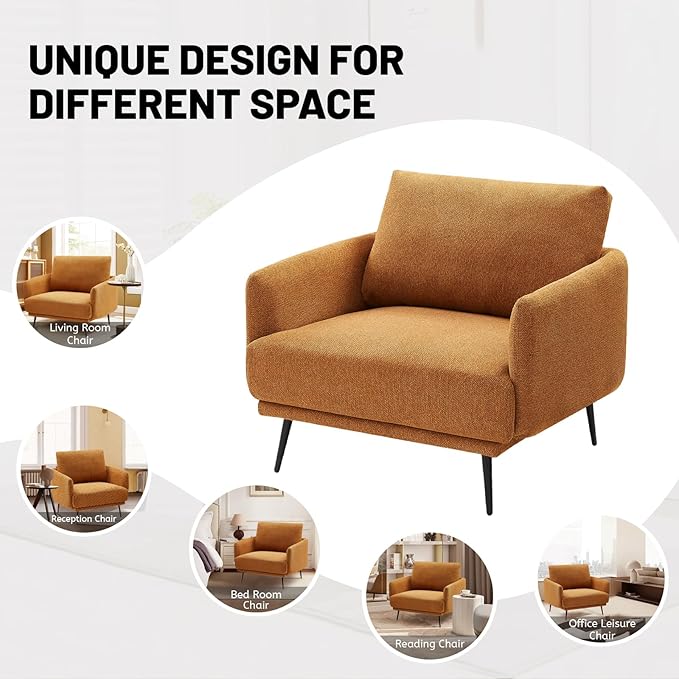 Oversized Accent Chair for Living Room Chairs Reading Arm Chair Comfy Modern Single Sofa Side Chairs with Metal Legs & Soft Cushion for Bedroom, Balcony,Waiting Room(Polyester, Caramel)