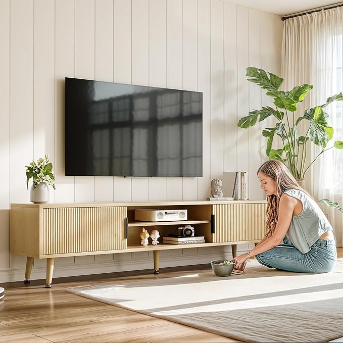 Mid Century TV Stand, Modern TV Console for TVs up to 70 Inches, Entertainment Center with Storage, TV and Media Consol, 62 Inch (Oak)