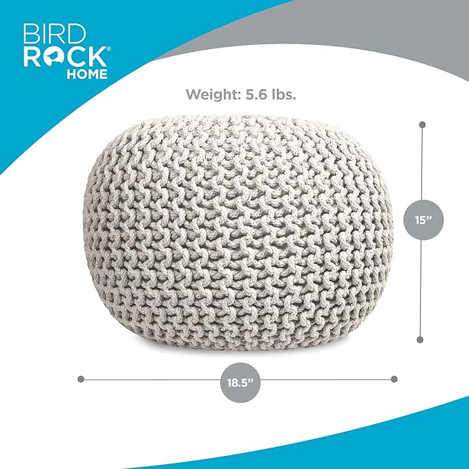 BIRDROCK HOME Round Pouf Ottoman | Cotton Braided Foot Stool with Bean Bag Filling | Boho Foot Rest for Living Room & Bedroom | Compact & Comfortable Seating, Lightweight & Soft | Ivory