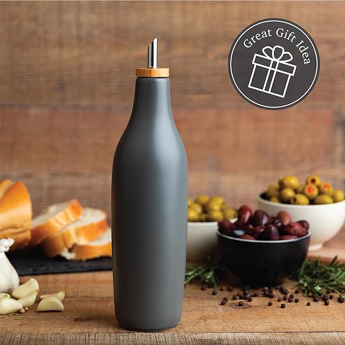 kitchentoolz Olive Oil Stoneware Dispenser Bottle, Ceramic 16 Oz Container for EVOO or Vinegar Kitchen Counter, Pewter Gray