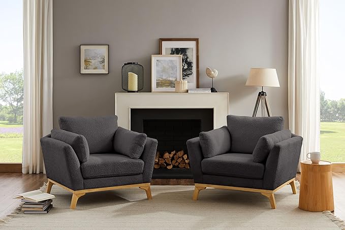 Large-Sized Accent Chair, Thick Cushion Bedroom Reading Chair, Comfortable Living Room Single Sofa, Boucle Dark Gray