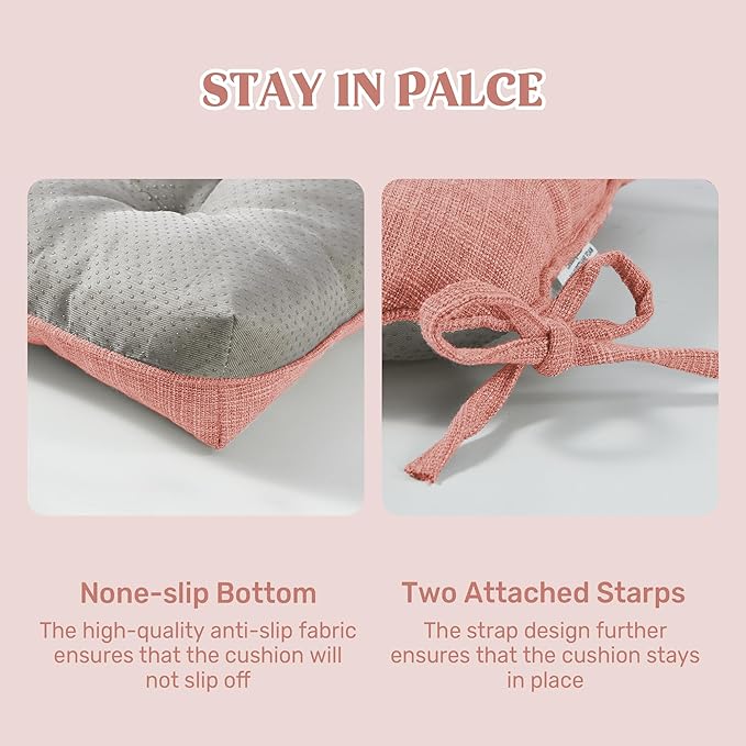 puredown® Chair Cushions for Dining Chairs, Tufted Memory Foam Chair Pads with Non-Slip Backing, Kitchen Seat Cushions with Ties, Washable Seat Pads Set of 4, 15.5" x 15.5" x 4", Pinky