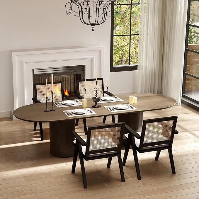 Rattan Dining Chairs Set of 4, Farmhouse Wicker Dining Chairs with Removable Linen Cushion Accent Cane Armchair for Dining Room Kitchen Restaurant, Black