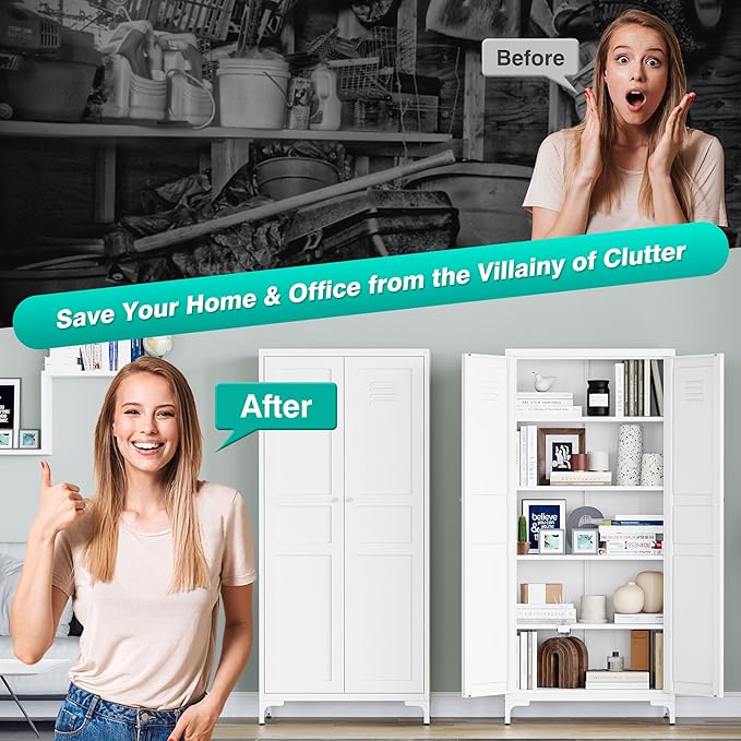 SISESOL Metal Storage Cabinet with Doors and Shelves,White Storage Cabinet with Leg & Vent Hole,Food Pantry Cabinets,5 Tier Metal Pantry,Tall Large Cupboard for Home,Kitchen,Dining/Living/Laundry Room