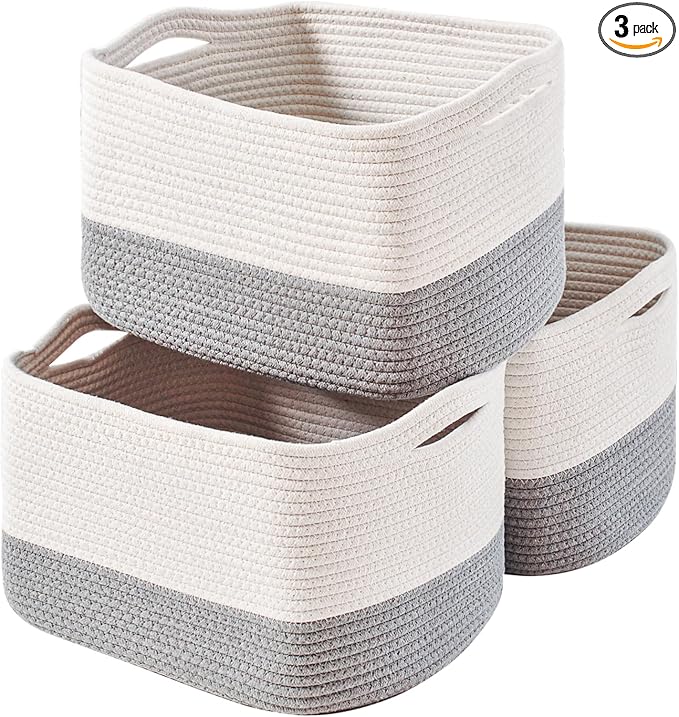 Storage Baskets for Organizing Shelves, Woven Cotton Rope Bins for Baby Nursery Organization, Book Toy Towel Organizer, 15"x11"x9.5", 3 Packs, Off White & Grey