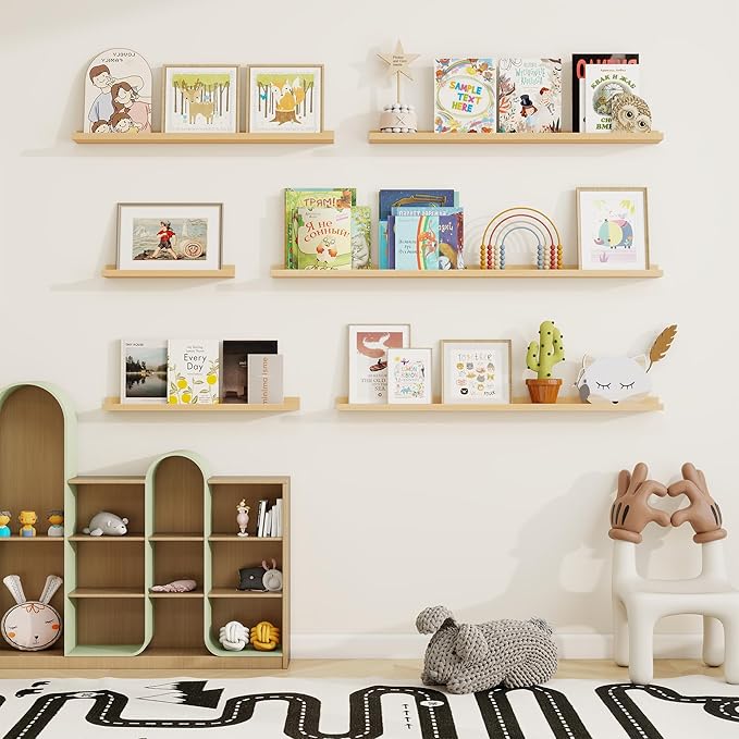 Picture Ledge Shelf, Solid Pine Wood Floating Shelves Set of 2, 24 Inches Nursery Book Shelves for Toys Storage, Kids Bookshelf Wall Mounted for Living Room Decor Photo Frames, Unfinished Natural