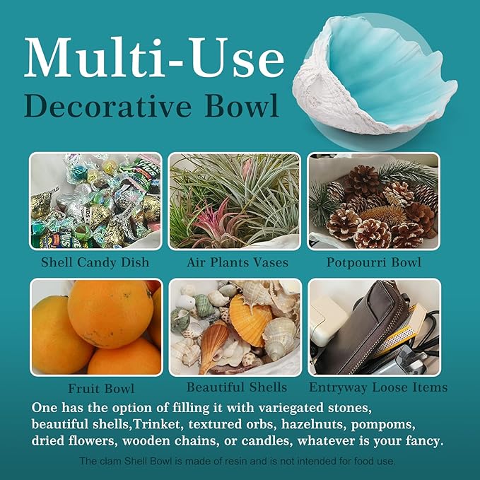 Large Turquoise-Aqua blue Sea Shells Decorative Bowl Resin Clam Shell Bowl Beach Decorations for Home Coastal Beach Decor Decoration Storage Bowls & Home Office Nautical Themed Party Decor -10.2-1PC