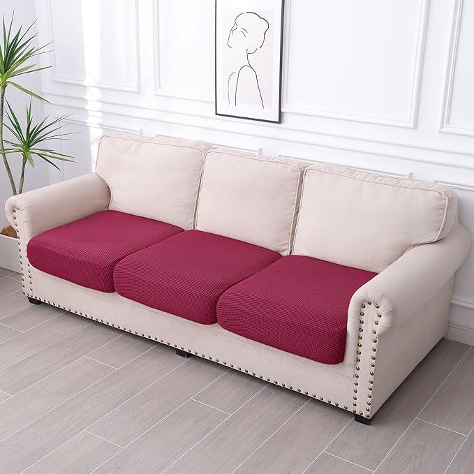 hyha Waterproof Sectional Couch Covers, Non Slip Sofa Couch Cushion Covers L Shape, Thick Stretch Jacquard Fabric, Washable Sofa Slipcovers with Elastic Bottom (1 Piece for Chaise, Wine Red)