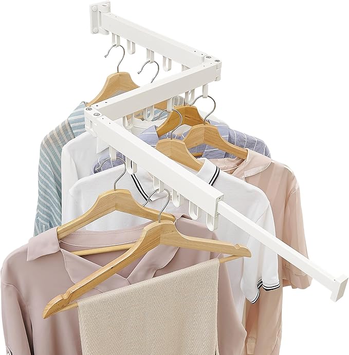 Clothes Drying Rack Wall Mounted, Laundry Drying Rack Collapsible, Space Saving Wall Drying Rack Clothing Foldable, Tri-Fold Retractable Rack Outdoor Indoor with 18 Hooks(White,Loop-Shape Hooks)