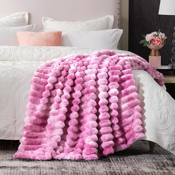 Cozy Bliss Faux Fur Throw Blanket for Couch, Cozy Warm Plush Striped Blanket for Sofa Bedroom Living Room,60 * 80 Inches Tie-dye Pink