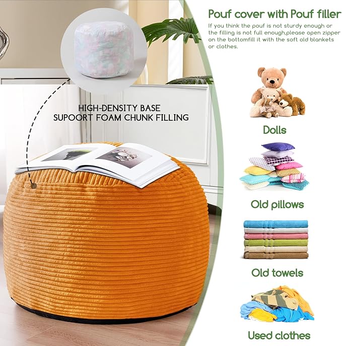 HIGOGOGO Round Stuffed Pouf Ottoman, Corduroy Poufs with Foam Chunk Filling, Furry and Fluffy Pouf Foot Stool Storage Ottoman, 20 X 15 Floor Poufs Foot Rest for Living Room, Orange