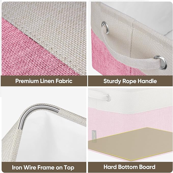 BALEINE 4 Pack Fabric Storage Bins for Shelves, Linen Storage Baskets for Organizing, Decorative Closet Bins for Clothes, Home (Pink, 15''x11''x9.5'')