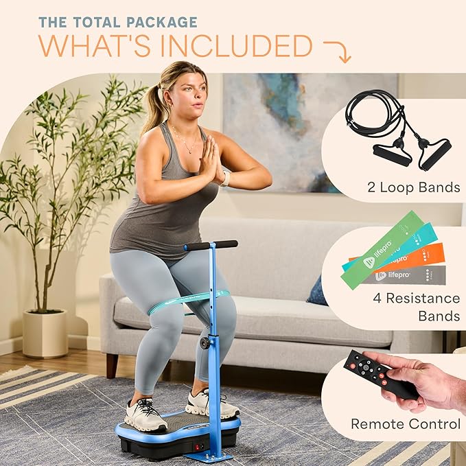 Lifepro TrimLite Vibration Plate Exercise Machine with Handlebars – Whole Body Vibration Platform for Lymphatic Drainage & Weight Loss – 99 Speed Levels, Bluetooth Speaker, Resistance Bands & Remote
