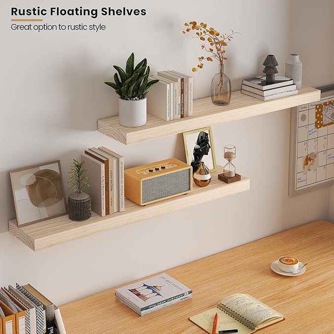 Light Wood Floating Shelves 36”x 8”x 1.4” Book Shelf Floating for Wall Mounted, Heavy Duty Shelf Hold 80 lbs, Unfinished Rustic Wall Shelves for Bedroom, Living Room, Kitchen, Office, Laundry Room