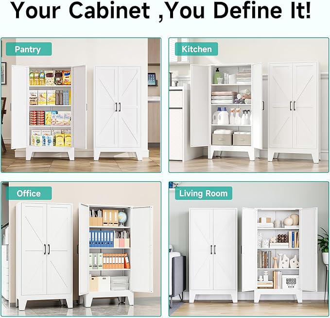 SISESOL Metal Storage Cabinet with 2 Doors and 3 Shelves,White Pantry Storage Cabinet with Legs,Farmhouse Pantry Cabinets Cupboard,Bathroom Cabinets for Home,Kitchen,Dining/Living Room (47.3" H)