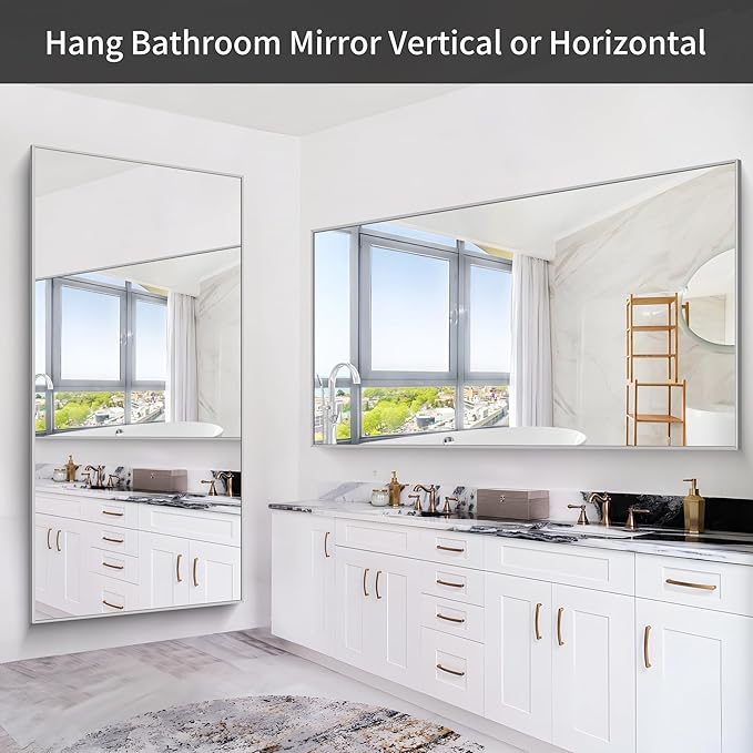 36x72inch Bathroom Mirror, Silver Rectangle Mirror with Thin Metal Frame, Large Rectangular Wall Mirrors for Bathroom, Living Roomm, Hair Salon, Big Farmehouse Mirror Hang Horizontal/Vertical