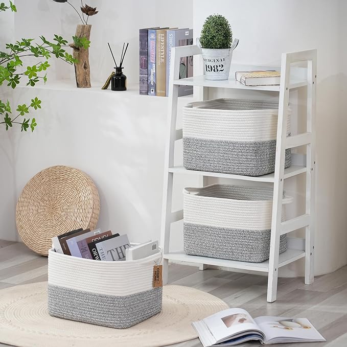 COMFY-HOMI 3-Pack Cotton Rope Woven Basket with Handles for Shelves, Book, Cloth Basket|Dog Toy Basket for Organizingy|13.5" x 11" x 9.5" for Bedroom(White/Grey)