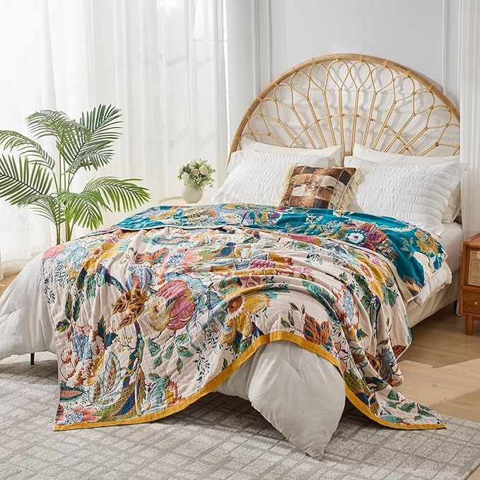 Boho Throw Blanket, Ultra Soft Rustic Quilt for Bed, Lightweight Fall Throws Blanket Muslin Blankets for Adults, Picnic, Farmhouse Decor, Cozy 100% Cotton Throw Blankets, Happiness, 60"x80"