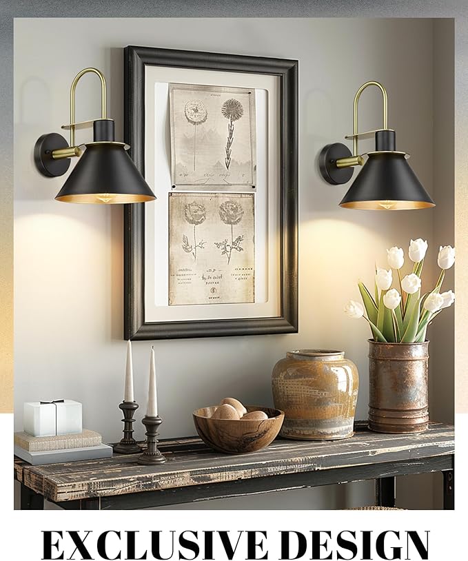 Wall Sconces Set of Two, HWH Modern Sconce Wall Lighting, 1-Light Gooseneck Barn Vanity Light, Industrial Wall Lamp for Bedroom Kitchen Bathroom, Black and Gold Finish, 5HZG56B-2L BK+BG