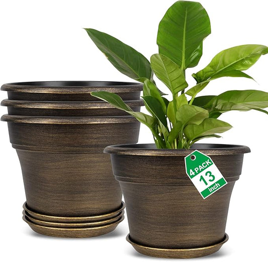 Plant Planters Pots Set of 4 Pack 13 Inch,Large Plastic Flower Pot for Indoor Plants with Drainage Holes & Trays, Resin Decorative Container Sets with Saucer for House Outdoor Garden Plant Dark Gold