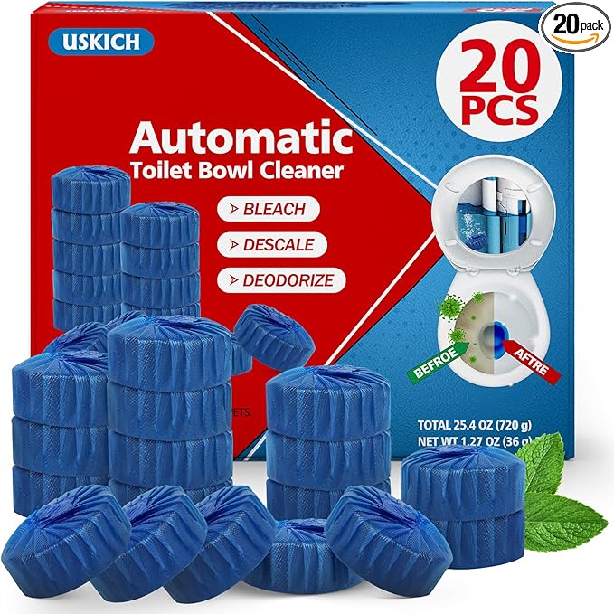 USKICH Toilet Bowl Cleaner Tablets 20 PACK, Bathroom Automatic Toilet Tank Blue Cleaners with Bleach, Slow-Releasing Household Toilet Cleaners for Deodorizing, Descaling, against Tough Stains