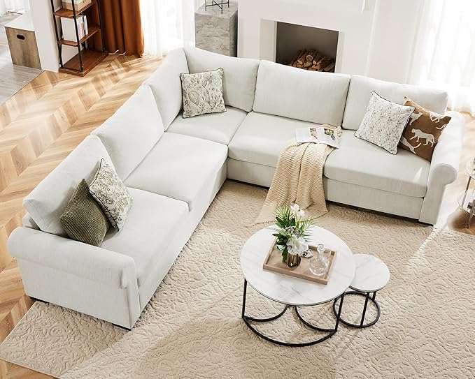 L Shaped Sectional Sofa with Detachable Sofa Cover,Rolled Armrest,Sectional Modular Couch for Living Room,Breathable Linen Fabric Corner Couch with 7 Seats for Apartment,Removable Cushion,Ivory