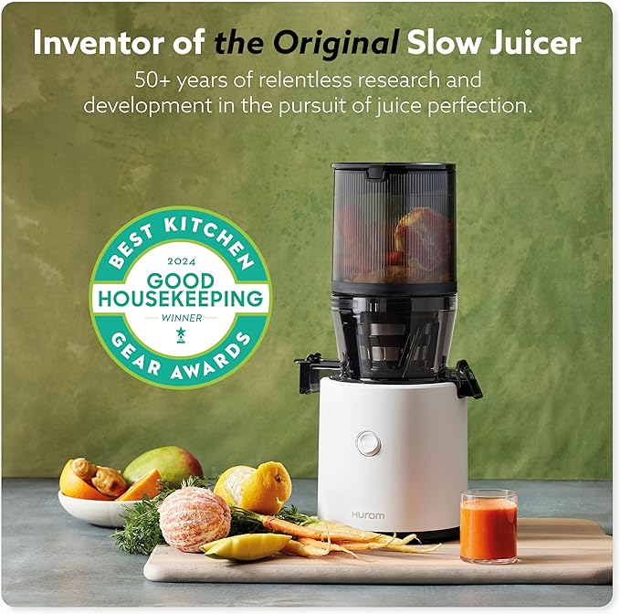 Hurom H320 Cold Press Juicer Machine, Easy to Clean Masticating Slow Juicer, Coarse Strainers, Self-Feeding, Hands Free, Family Size, Quiet Motor, Easy Assembly (White)