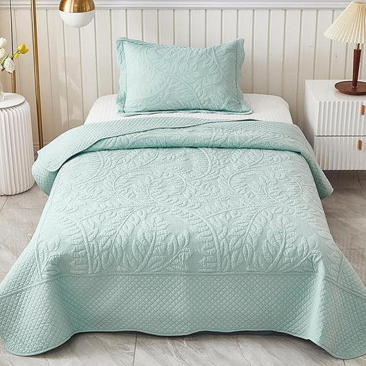 MarCielo 3-Piece 100% Cotton Oversized Bedspread Lightweight Quilt Coverlet Embroidery Farmhouse Bedding Set T0 (Aruba Blue, Twin (68"x86"))