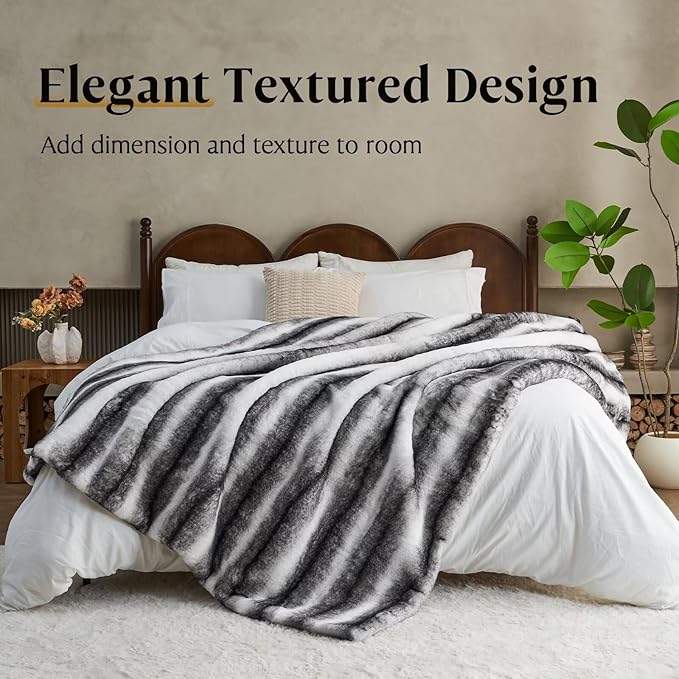 Luxury Faux Fur Blanket - Soft Warm Plush Blankets for Couch Sofa Bed, Fluffy Thick Throws for Bedroom, Office, Living Room, Decorative Reversible, Not Easy to shed - 60"x80", Black/White