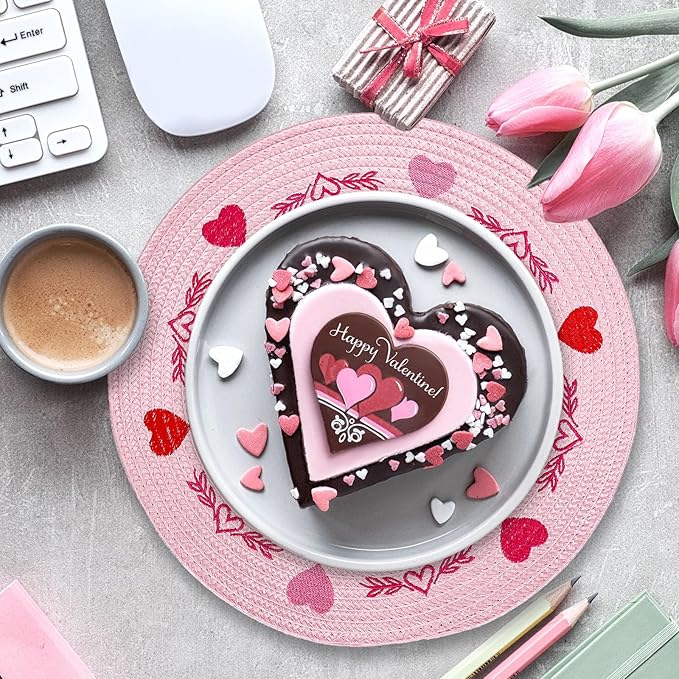 Whaline 4Pcs Round Valentine Placemats Red Pink Heart Embroidered Place Mats Decorative Dinner Table Mats for Home Wedding Anniversary Party Decor