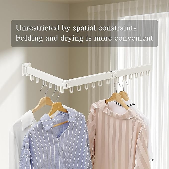 Clothes Drying Rack Wall Mounted, Laundry Drying Rack Collapsible, Space Saving Wall Drying Rack Clothing Foldable, Tri-Fold Retractable Rack Outdoor Indoor with 18 Hooks(White,Loop-Shape Hooks)