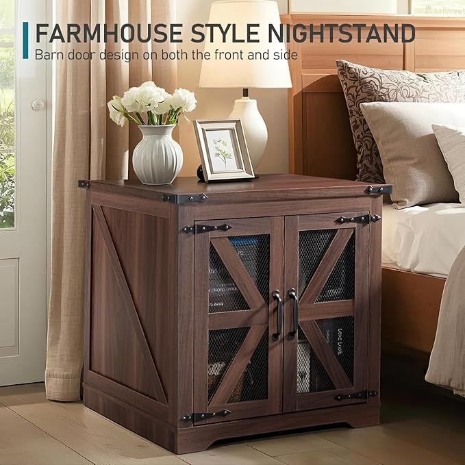 Farmhouse End Table, 24" Large Sofa Side Table with Charging Station, Mesh Barn Door, Rustic Wood Nightstand with Adjustable Storage Shelf, Square Nightstand for Living Room