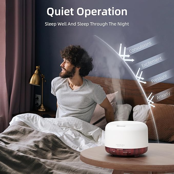 ASAKUKI 500ml Essential Oil Diffuser, Aromatherapy Fragrant Oil Humidifier Vaporizer, 7-Color Light and Auto-Off Safety Switch Reddish-Brown