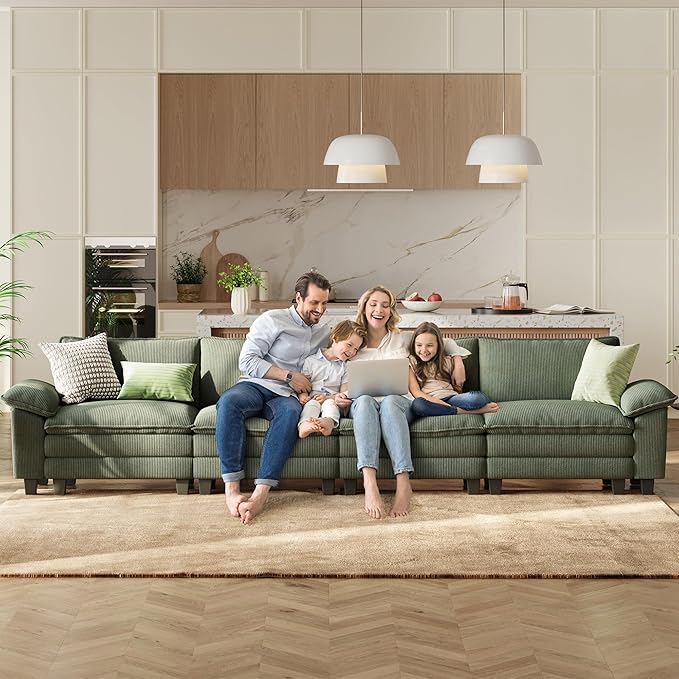 LINSY HOME Oversized Modular Sectional Sofa - 157'' Corduroy Cloud Couch Deep Seat Modular Sofas Soft Modern Comfy Couches for Living Room Apartment Office, Green