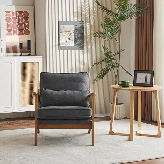 Karl home Accent Chair Wide Armrest Mid-Century Lounge Chair Linen Fabric Armchair with Lumbar Pillow & Solid Wood Frame for Living Room, Bedroom, Balcony, Gray