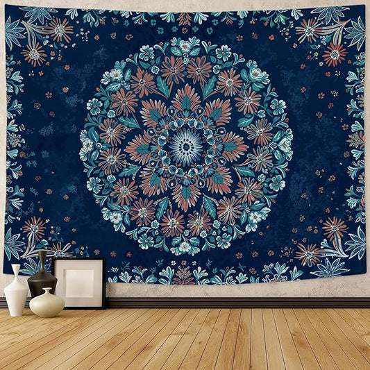 Fowocu Boho Floral Mandala Tapestry Wall Hanging Blue Bohemian Flower Medallion Tapestry Aesthetic Vintage Navy Hippie Indian Small Tapestries for Bedroom Living Room Dorm Decor 48 x 36 Inch