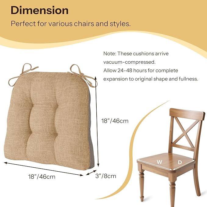 Non Slip Chair Cushions for Dining Chairs Set of 4 Kitchen Chair Cushions 18"x18"x3" Turfted Chair Pads Comfortable and Soft Seat Cushion with Ties, Cappuccino